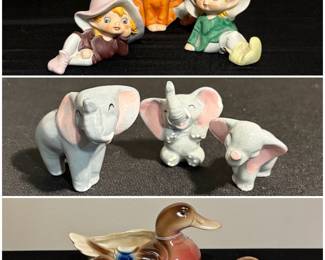 Vintage Homco Pixie Elf figurines, vintage ceramic elephant figurines, and a set of vintage ceramic duck planters and ashtray.