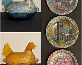 Indiana Glass marigold and iridescent blue carnival hen on nest covered dish. And a collection of vintage Fenton Carnival Glass collector plates.