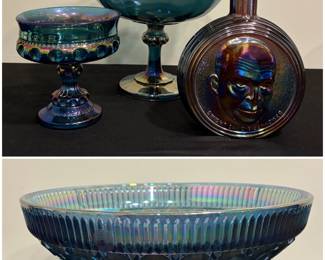 An Indiana Glass "King's Crown" Thumbprint Pedestal Compote (Small), Indiana Glass "Garland" (Teardrop) Pedestal Compote (Large), Wheaton Glass Dwight D. Eisenhower Commemorative Decanter Bottle and an Indiana Glass "Windsor" (Button and Cane) Large Bowl.