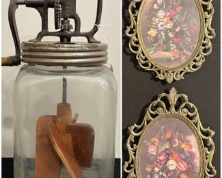 a vintage Dazey butter churn and a pair of vintage Italian floral prints in ornate brass frames with convex bubble glass.