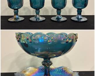 Indiana iridescent blue Carnival Glass goblets and compote bowl.