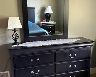 6 drawer dresser with mirror, matching nightstand and full bed frame with mattress 