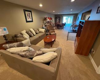 Furniture sets, entertainment center, counter height table with chairs, decorations