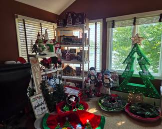 Christmas decorations, Christmas villages, ornaments and artifical prelit tree 7.5' with tree bag