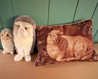 Stuffed owls, needlepoint pillow