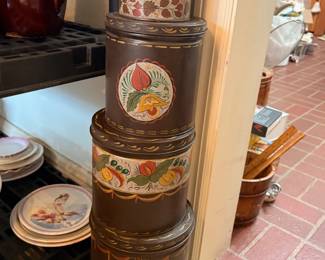 Painted tin cannisters by artist Lew Hudnall