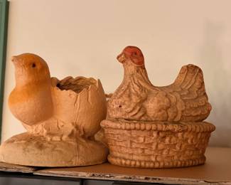 Pater Mache hen on Nest and 2 Easter chicks