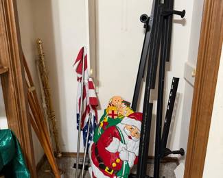 bed frame, curtain rods, Santa, flags