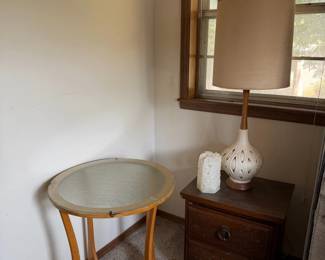 night stand, round table, lamp