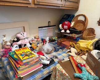 toys, coloring books, crayons, games, baskets