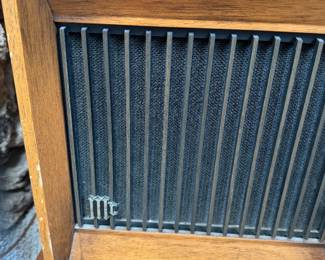 vintage McIntosh ML-2C floor-standing speakers featuring wood cabinetry and vertical slat grilles