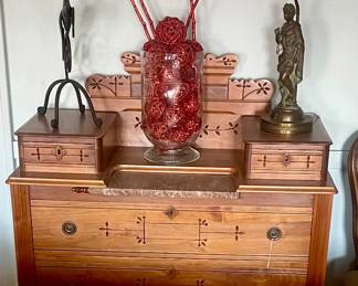 Eastlake dresser with red Mahogany marble top