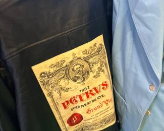 leather jacket with wine label