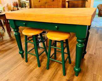 Butcher block kitchen island with pair of stools...
