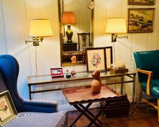 Vintage brass La Barge mirror shown with matching console...