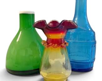 Green MCM Blown Cased Glass Bottle, Amberina Vase, Blue Bottle