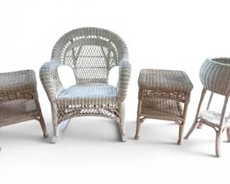 White Wicker Rocking Chair, Plant Stand, Side Tables