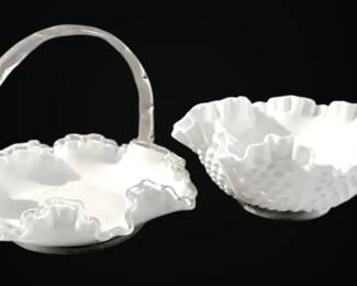 Fenton Silver Crest Basket Hobnail Milk Glass Ruffled Bowl