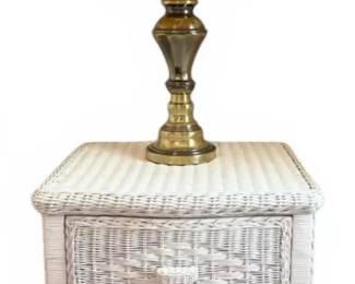 White Wicker TwoDrawer Nightstand With Brass Lamp