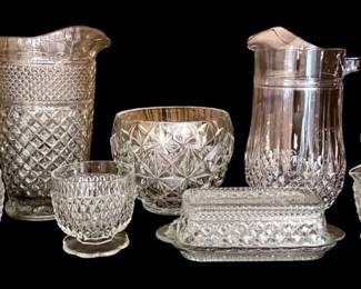 Diamond Pattern Glass Pitchers, Butter Dish, Bowl, More