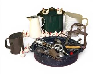 Primitive Country Kitchen Enamelware, Milk Glass, More