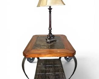 Oak Wood Tile End Table W Lamp
