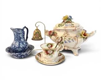 Italian Floral Porcelain Lidded Dish, Royal Albert Teacup, Blue Ironstone Pitcher