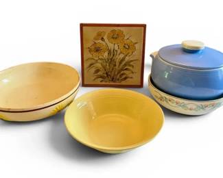 Hull Yellow Floral Salad Bowl, Ceramic Trivet, Bean Pot, Hall Superior Bowl