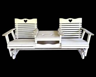 White AmishBuilt Wooden Outdoor Rocking Bench w Cupholders