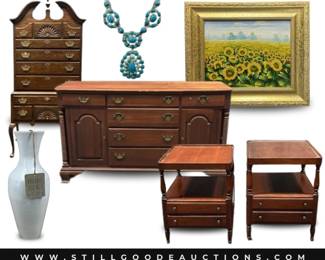 Labarge tables, Hancock & Moore leather furniture, Fitz & Floyd, Tupperware, Williams Sonoma, Hekman, Tiffany jewelry, planners, cast iron, jade, Kitchenaid, mirror, brooches, Wedgwood china, James Avery, milk glass, Silpada jewelry, Delft, Halloween decor, Wedgwood jasperware, Flexsteel rocker recliners, and much more!