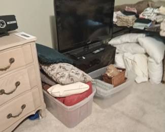 Vizio television and throw pillows