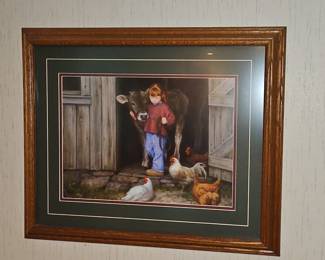 Girl with Calf and Chickens Print
