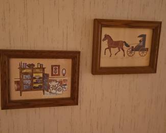 Framed Folk Art Prints Set of Horse Carriage, Kitchen Scene