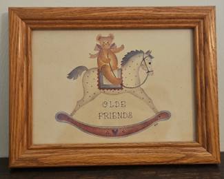 Framed Olde Friends Teddy Bear Rocking Horse Print by Mimi