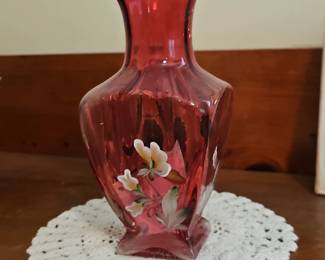 Fenton Hand Painted Cranberry Glass Vase