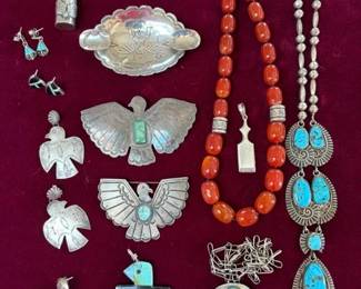 Kee Joe Benally (1936 - 2014 Dine) sterling box; Louise Platero sterling lipstick holder, ca 1960; older sterling and turquoise thunderbird pins, and lots more