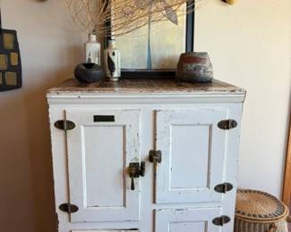 Antique McCray painted oak icebox, great for bar storage, framed Picasso print