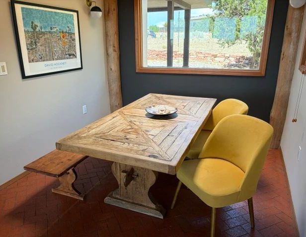 Rustic Southwest style dining table 80" x 39" and bench, 2 of 3 upholstered chairs