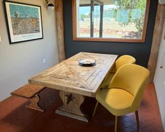 Rustic Southwest style dining table 80" x 39" and bench, 2 of 3 upholstered chairs