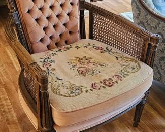French regency style tufted velvet armchair needlepoint cushion