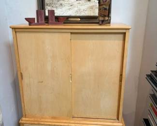 Vintage blonde Art Deco cabinet; H.C. Tibbits Huntington Historical Trust Yosemite 'Three Brothers'; vintage Skookum