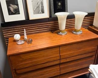 West Elm 'Gemini' 6-drawer dresser, 48"; vintage MCM glass table lamps