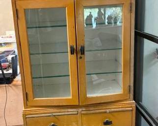 Vintage Art Deco medical cabinet and vintage Ace comb display