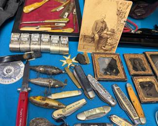 Pocket knives, old tin types photos
