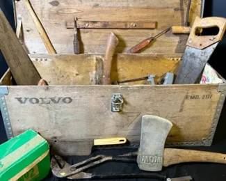 Vintage Wood Box With Antique Tool Lot