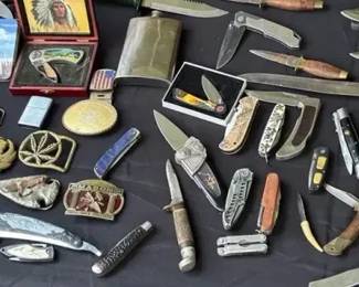 Large Collection Of Pocket Knives And Belt Buckles