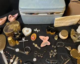 Grouping Of Vintage Jewelry, Perfume, And Travel Case