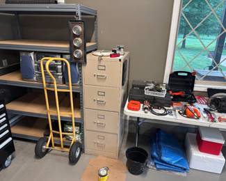Tools, filing cabinet, and other garage supplies