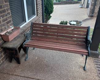 Patio bench, planters, bird bath