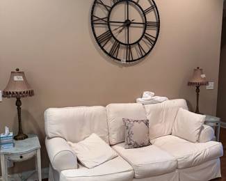 Sofa, lamps, end tables, clock